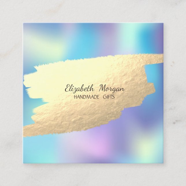 Faux Gold Foil Brush Stroke Blue Holographic Square Business Card (Front)