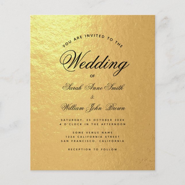 Faux Gold Foil Budget Script Wedding Invitation (Front)