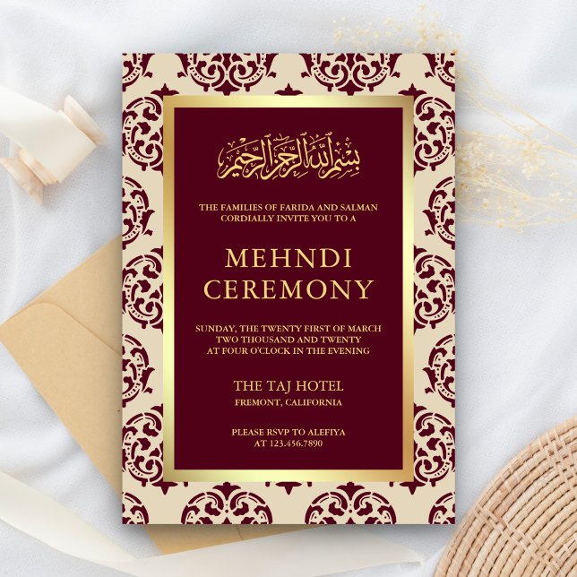 Faux Gold Foil Burgundy Damask Islamic Mehndi Enclosure Card (Creator Uploaded)