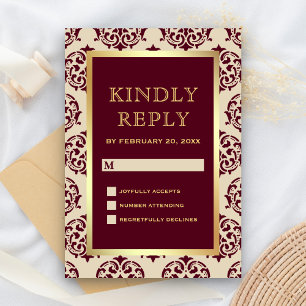 Faux Gold Foil Burgundy Damask Wedding RSVP Card