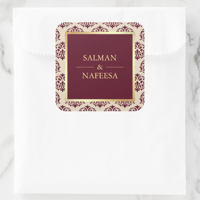 Faux Gold Foil Burgundy Damask Wedding Square Sticker (Bag)