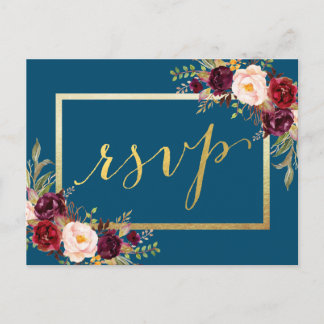 Faux Gold Foil Burgundy Floral Blue Wedding RSVP Postcard