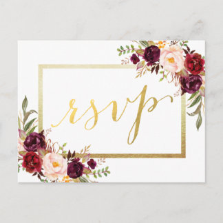 Faux Gold Foil Burgundy Floral Wedding RSVP Postcard