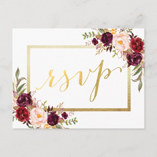 Faux Gold Foil Burgundy Floral Wedding RSVP Postcard (Front)