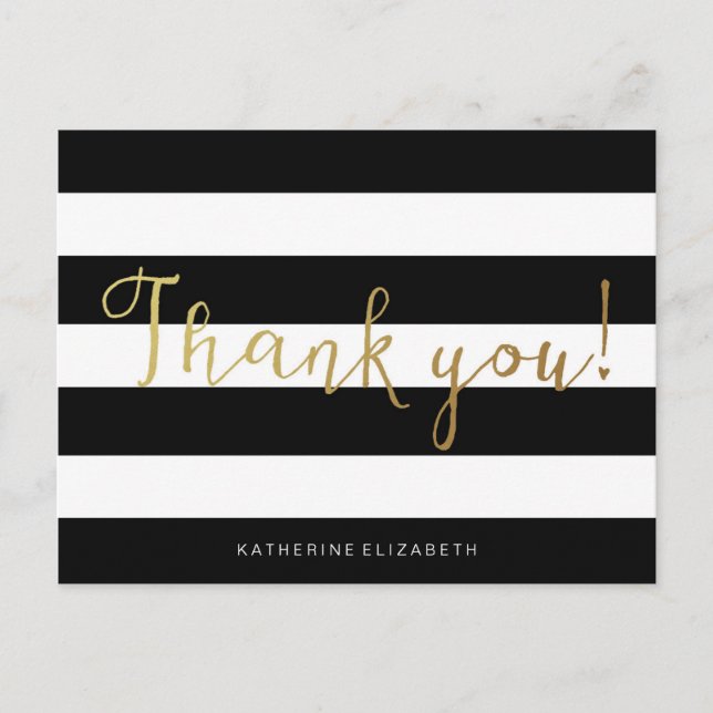 Faux Gold Foil Calligraphy | Black & White Stripes Postcard (Front)