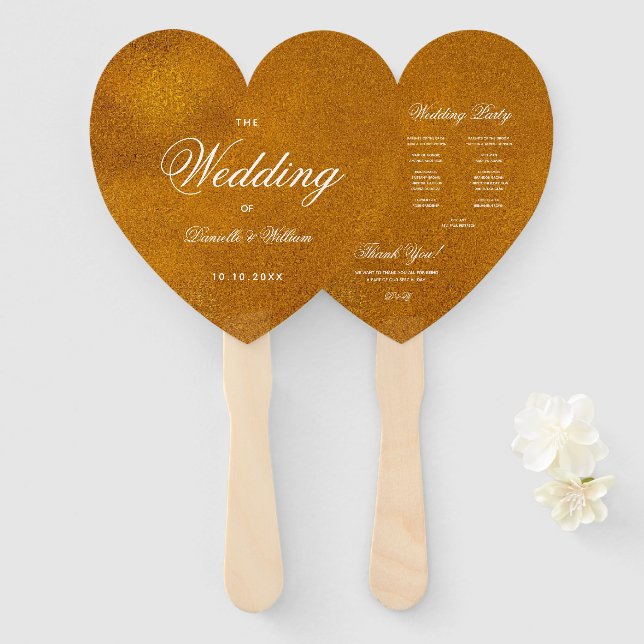 Faux Gold Foil Calligraphy Heart Wedding Program Hand Fan (Front and Back)
