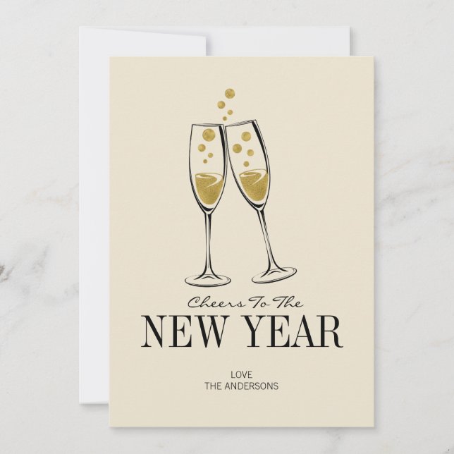 Faux Gold Foil Cheers New Year's Card (Front)