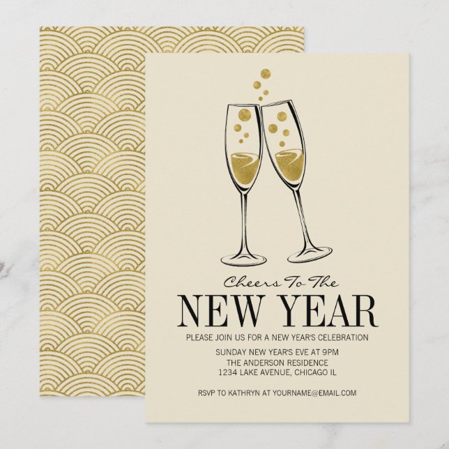 Faux Gold Foil Cheers New Year's Eve Party Card (Front/Back)