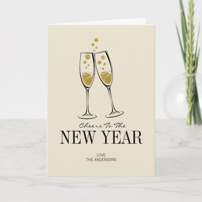 Faux Gold Foil Cheers New Year's Greeting Card (Front)
