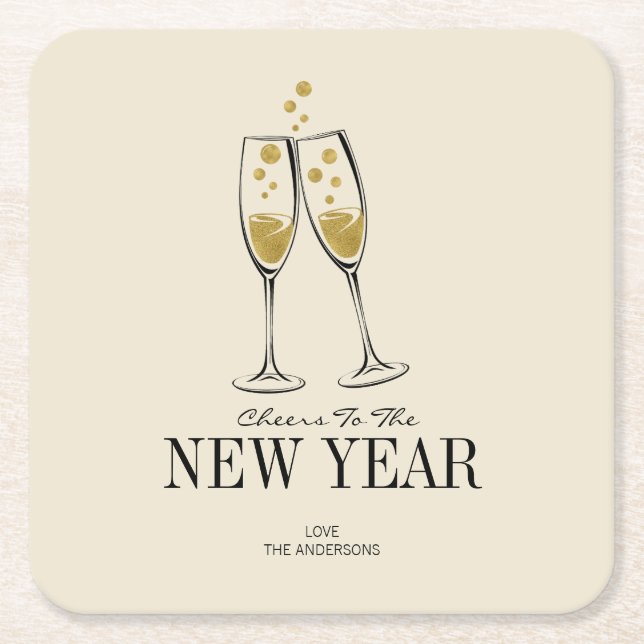 Faux Gold Foil Cheers New Year's Paper Coasters (Front)