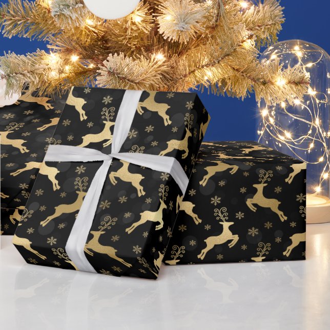 Faux Gold Foil Christmas Reindeer & Black bokeh Wrapping Paper (Holidays)