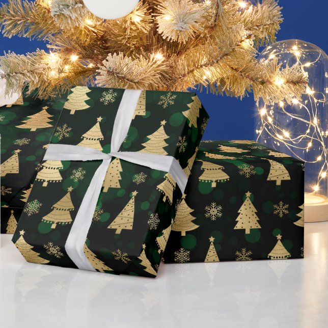Faux Gold Foil Christmas Trees & green bokeh Wrapping Paper (Holidays)