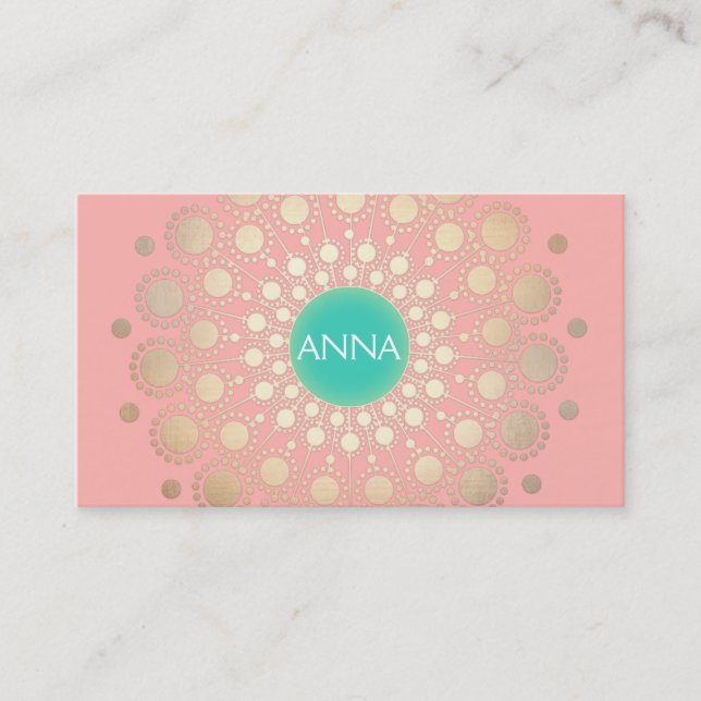 Faux Gold Foil Circle Motif Pink and Turquoise Business Card (Front)