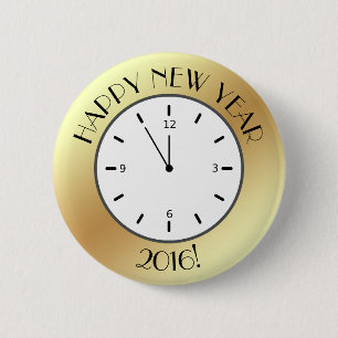 Faux Gold Foil Clock Midnight Happy New Year 6 Cm Round Badge