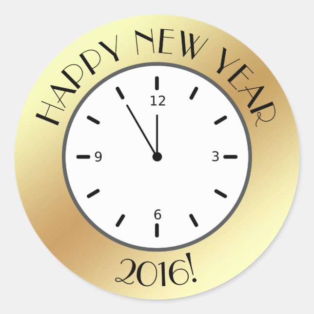 Faux Gold Foil Clock Midnight Happy New Year Classic Round Sticker (Front)
