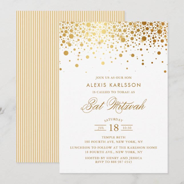Faux Gold Foil Confetti Bat Mitzvah Invitation (Front/Back)