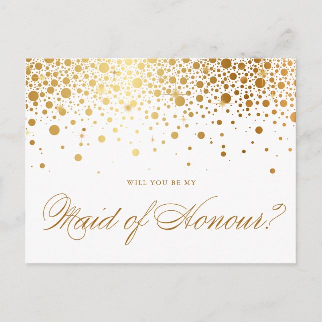 Faux Gold Foil Confetti | Be My Maid of Honour Invitation Postcard (Front)