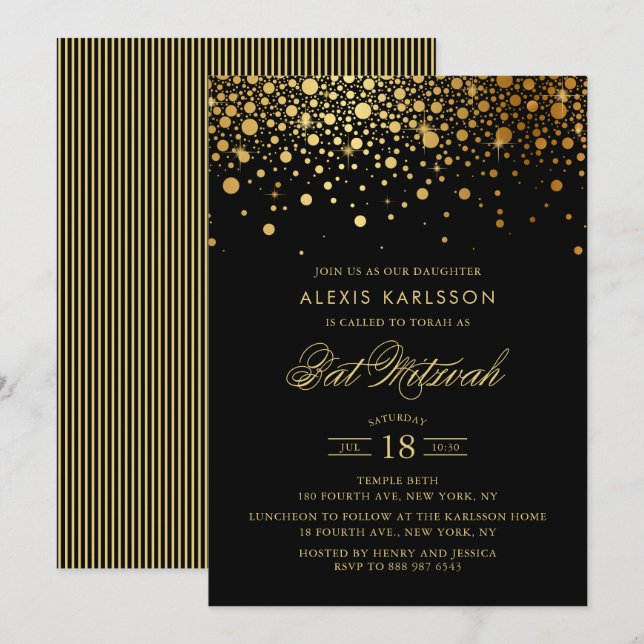 Faux Gold Foil Confetti Black Bat Mitzvah Invitation (Front/Back)