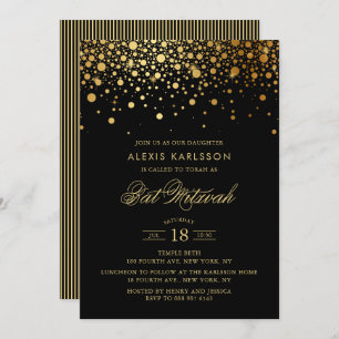 Faux Gold Foil Confetti Black Bat Mitzvah Invitation