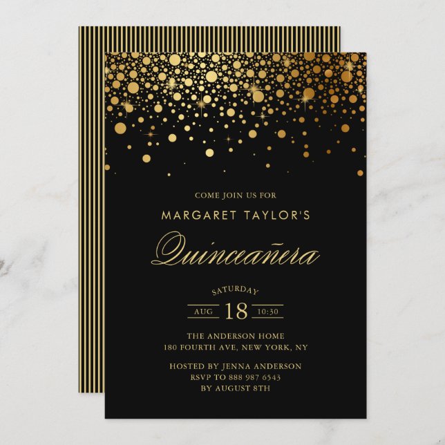 Faux Gold Foil Confetti Black Quinceañera Invitation (Front/Back)