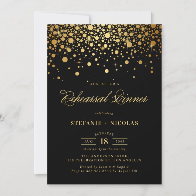 Faux Gold Foil Confetti | Black Rehearsal Dinner Invitation (Front)