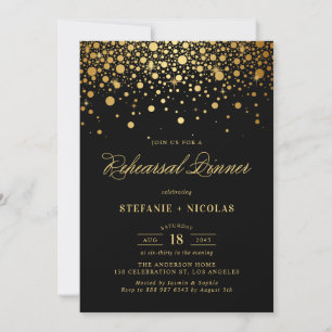 Faux Gold Foil Confetti Black Rehearsal Dinner Invitation