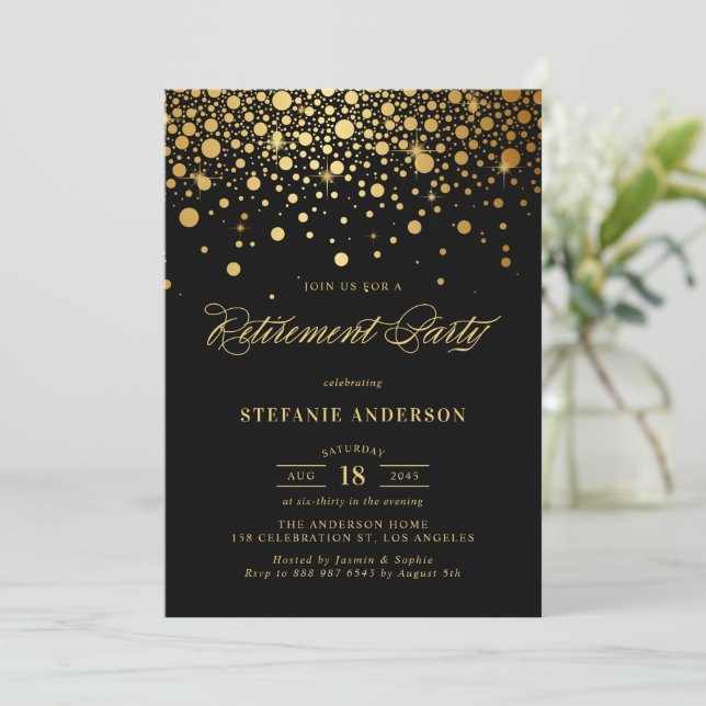 Faux Gold Foil Confetti Black Retirement Party Invitation (Standing Front)