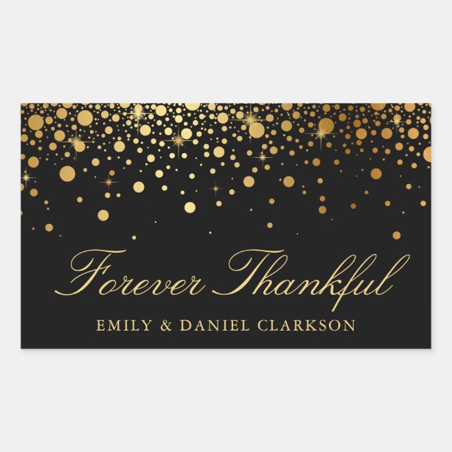 Faux Gold Foil Confetti Black Wedding Thank You Rectangular Sticker (Front)