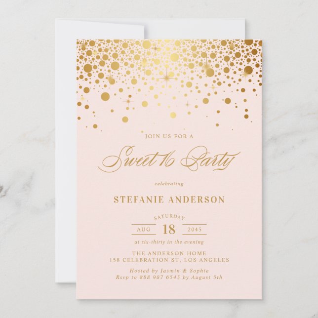 Faux Gold Foil Confetti Blush Sweet 16 Party Invitation (Front)