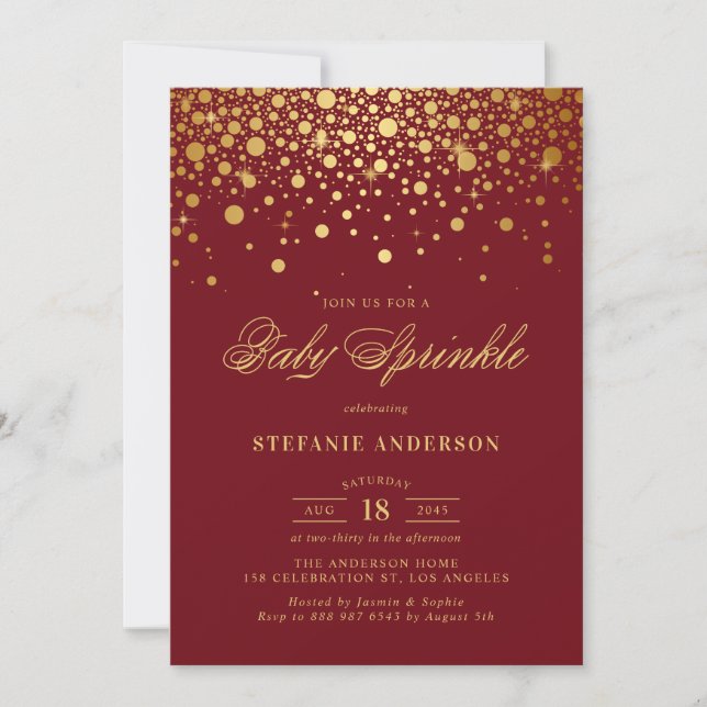 Faux Gold Foil Confetti Burgundy Baby Sprinkle Invitation (Front)