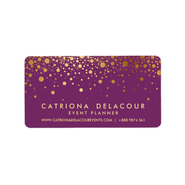 Faux Gold Foil Confetti Business Card | Purple Label (Front)
