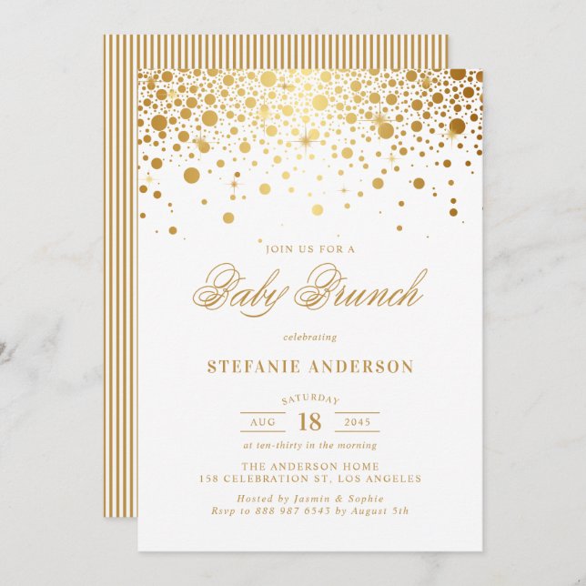 Faux Gold Foil Confetti Dots Baby Brunch Invitation (Front/Back)