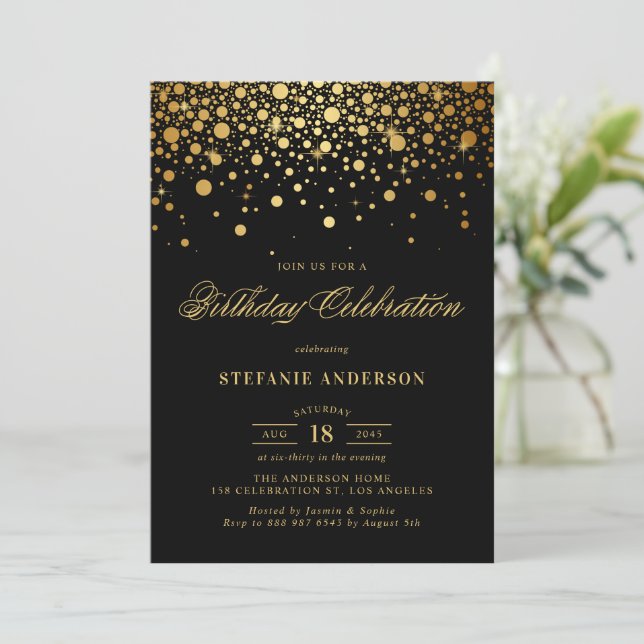 Faux Gold Foil Confetti Dots Black Birthday Invitation (Standing Front)