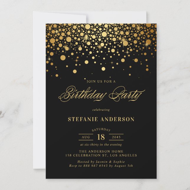 Faux Gold Foil Confetti Dots Black Birthday Invitation (Front)
