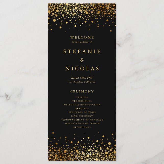 Faux Gold Foil Confetti Dots Black Wedding Programme (Front)