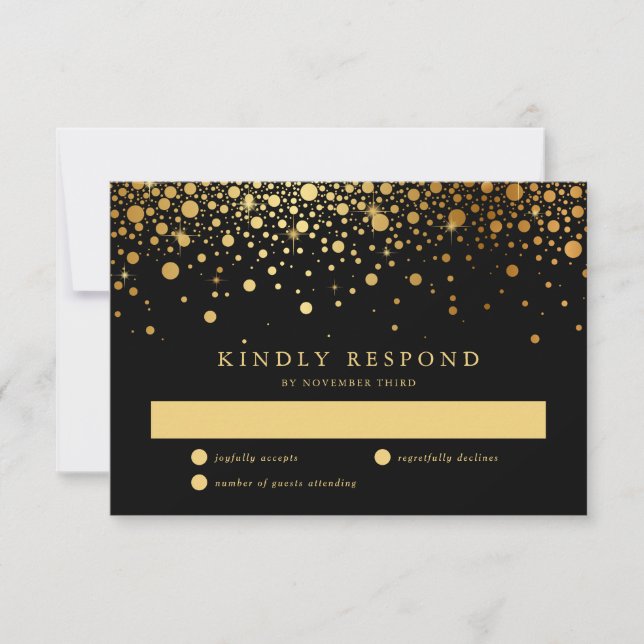 Faux Gold Foil Confetti Dots Black Wedding RSVP (Front)