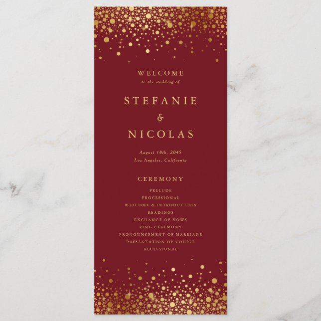 Faux Gold Foil Confetti Dots Burgundy Wedding Programme (Front)