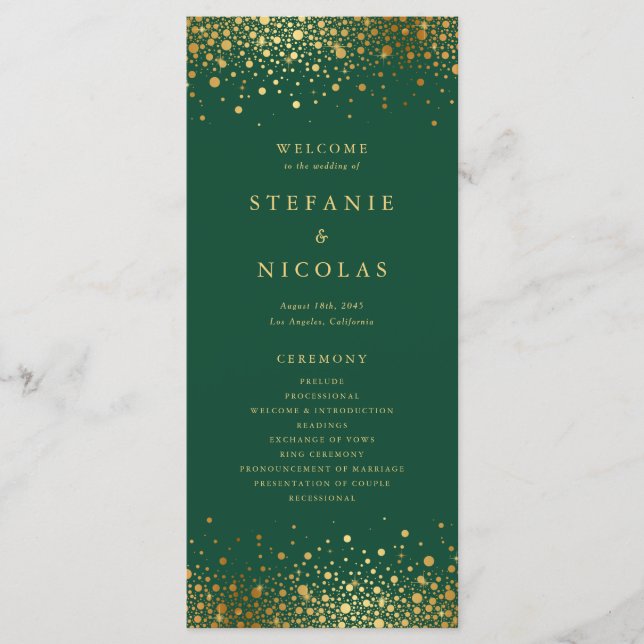 Faux Gold Foil Confetti Dots Green Wedding Programme (Front)
