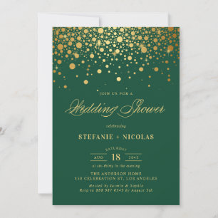 Faux Gold Foil Confetti Dots Green Wedding Shower Invitation