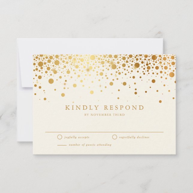 Faux Gold Foil Confetti Dots | Ivory Wedding RSVP Card (Front)