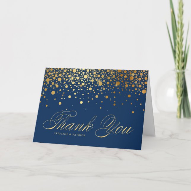 Faux Gold Foil Confetti Dots Navy Blue Wedding Thank You Card (Front)