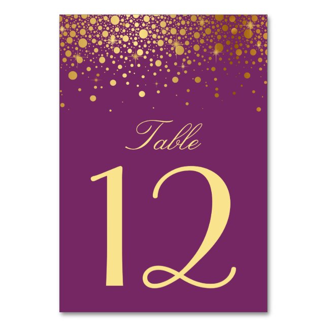 Faux Gold Foil Confetti Dots Purple Table Number (Front)