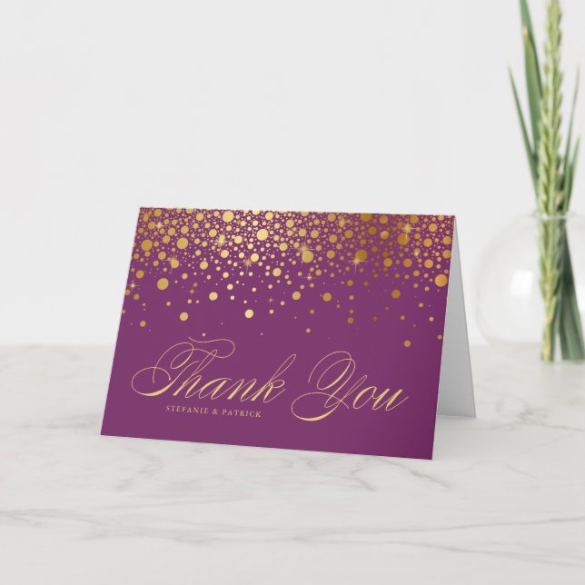 Faux Gold Foil Confetti Dots Purple Thank You Card (Front)