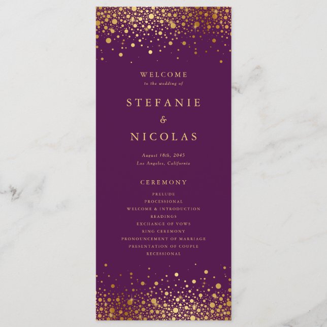 Faux Gold Foil Confetti Dots Purple Wedding Programme (Front)