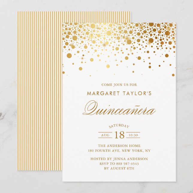 Faux Gold Foil Confetti Dots Quinceañera Invitation (Front/Back)