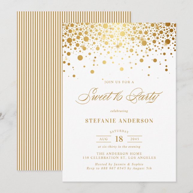 Faux Gold Foil Confetti Dots Sweet 16 Party Invitation (Front/Back)