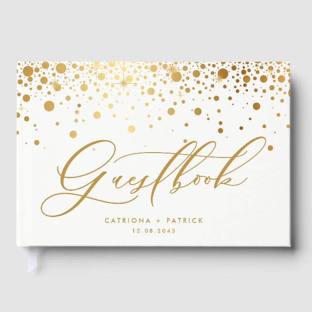 Faux Gold Foil Confetti Dots Wedding Guest Book (Front)