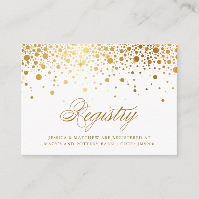 Faux Gold Foil Confetti Dots Wedding Registry Card (Front)