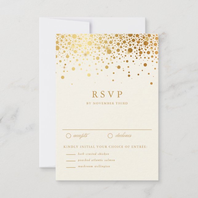 Faux Gold Foil Confetti Dots Wedding RSVP | Ivory (Front)