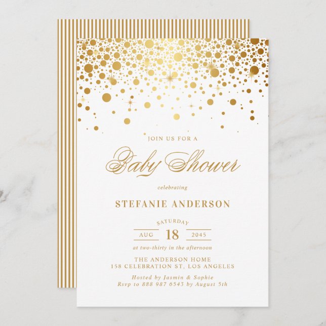 Faux Gold Foil Confetti Dots White Baby Shower Invitation (Front/Back)